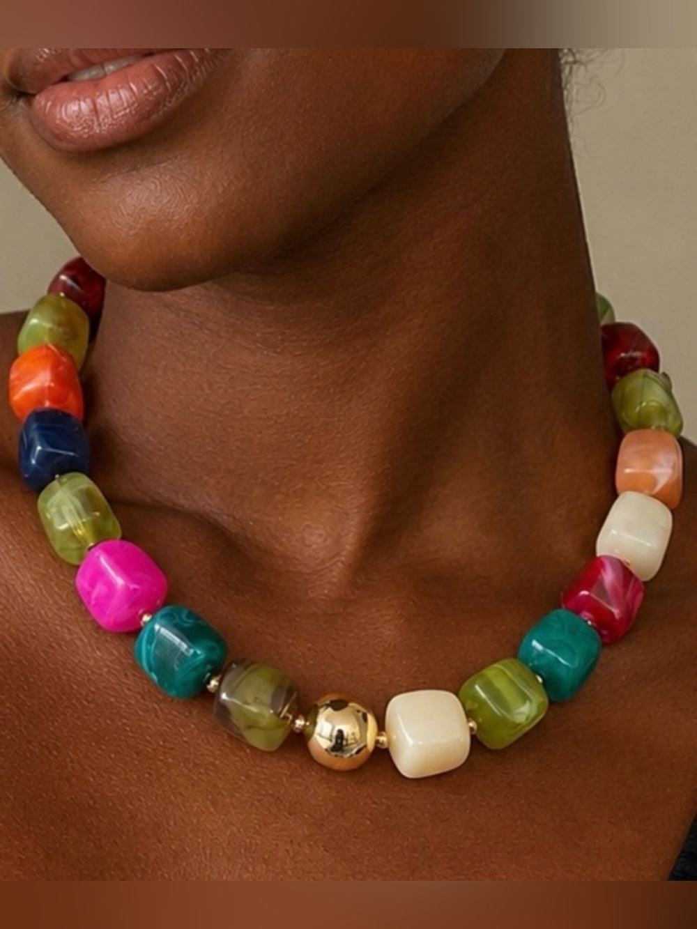 Multicolor Chunky Bead Necklace with Gold Accent - Women Jewelry